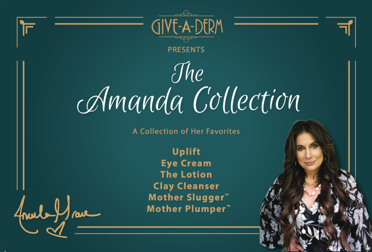 Promotional image for 'The Amanda Collection' by Give a Derm with a woman's portrait on a dark green background.